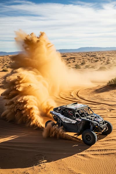 Buggy todoterreno levantando una gran nube de arena mientras compite en un circuito en el desierto