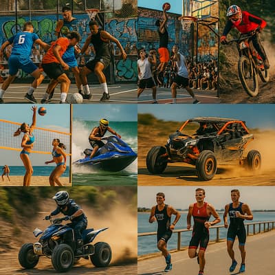 Collage dinámico con disciplinas de 360º Live Zone: fútbol 3x3, basket 3x3, MTB, vóley playa, motos de agua, buggys, quads y triatlón