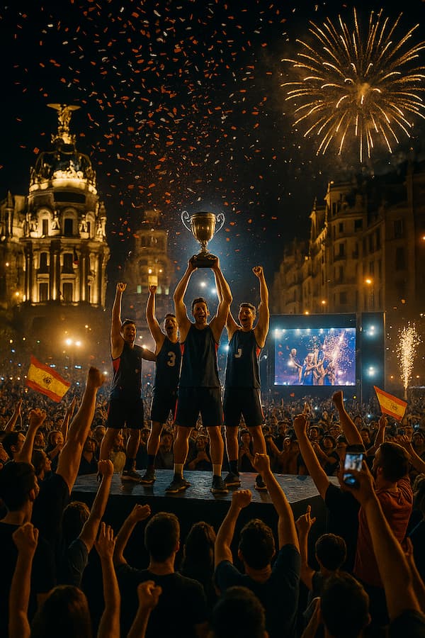 Equipo celebrando con un trofeo en la gran final urbana de Madrid, rodeados de confeti, fuegos artificiales y público eufórico