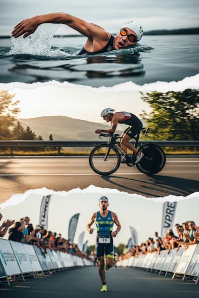 Atletas compitiendo en triatlón durante las pruebas de natación, ciclismo y carrera a pie