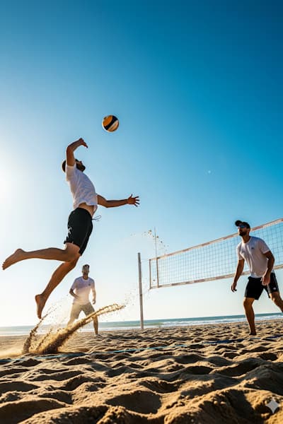 Jugadores de vóley playa compitiendo en la arena frente al mar durante un salto para rematar el balón